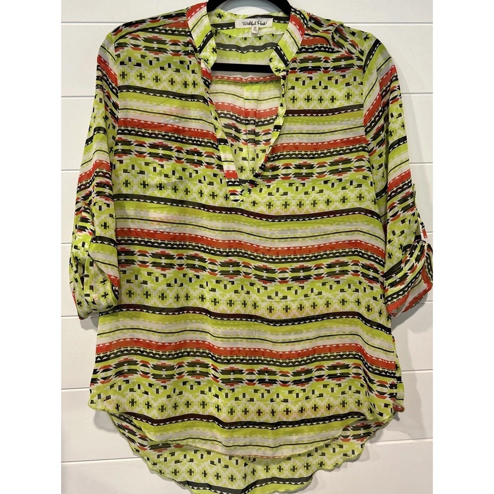 Wishful Park 3/4‎ Sleeve Sheer Top Women's Sz Medium Green Aztec
